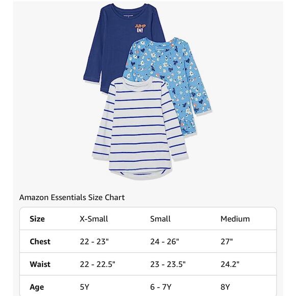 NWT New 3 Amazon Essentials Girls' Long-Sleeve Tunic T-Shirts Youth Size Small - Picture 6 of 6